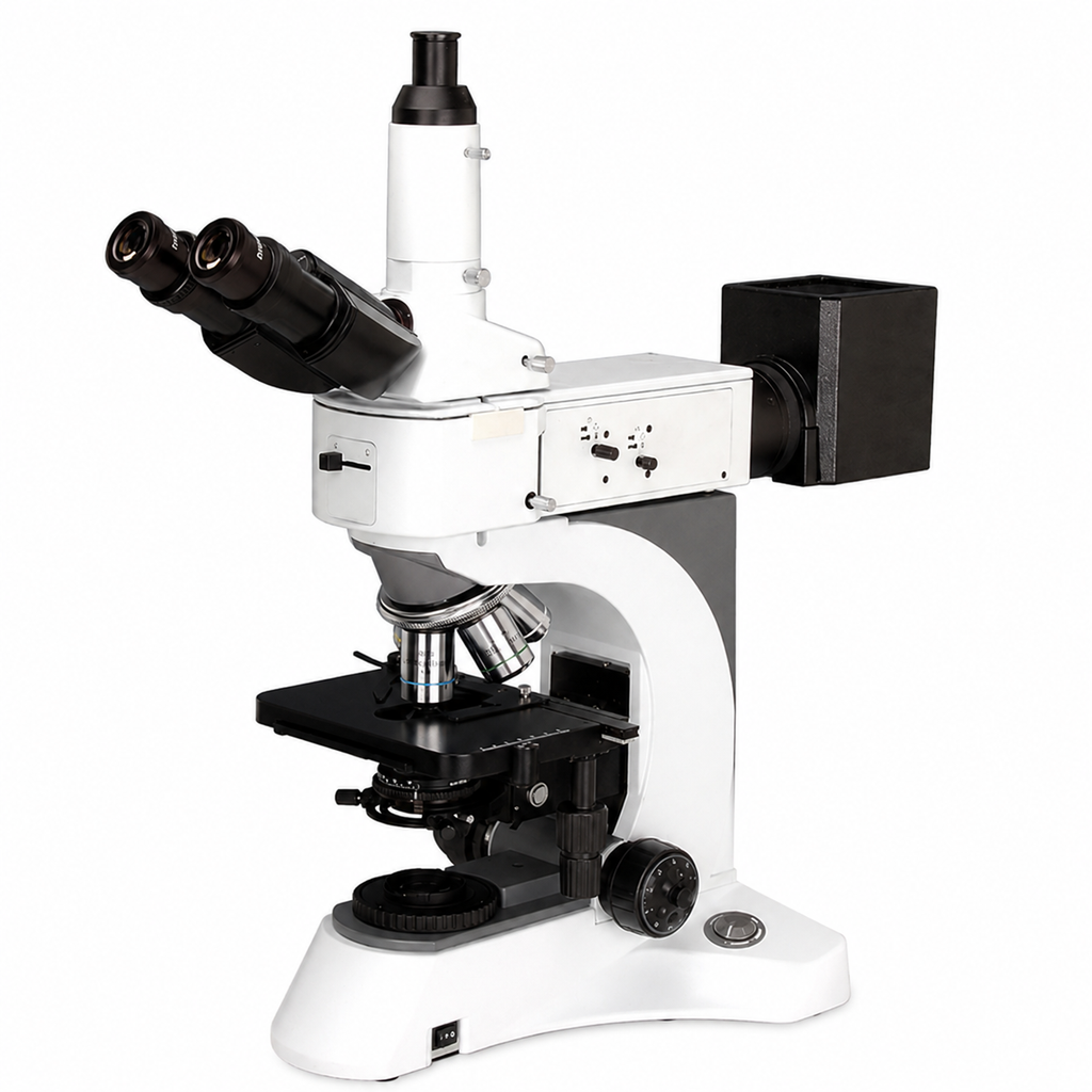AUC-MET-20 Series Trinocular Metallurgical Microscope Halogen illumination BF & DF (BF 5x, 50x & 100x) & (BF/DF 10x & 20x) Infinite Plan Achro Objectives (Educational / Laboratory / Met Lab Grade)
