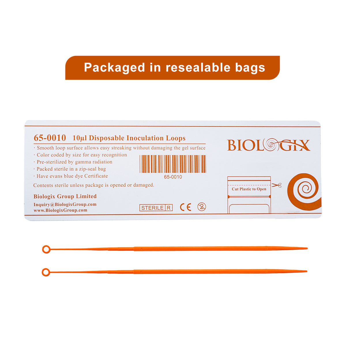 Biologix® Inoculating Loops-10μL, Orange, 25/Bag, 1,000 Pieces/Case