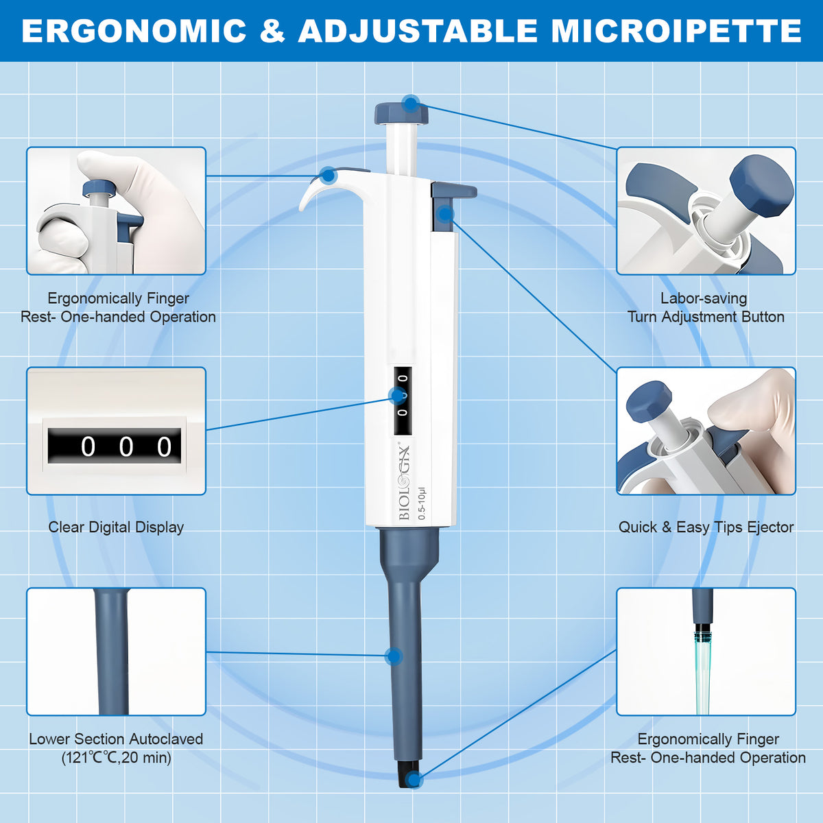 Biologix® TopPette Pipettes, Single-Channel, Sleeve Disassembly Autoclavable, 1 Piece/Case