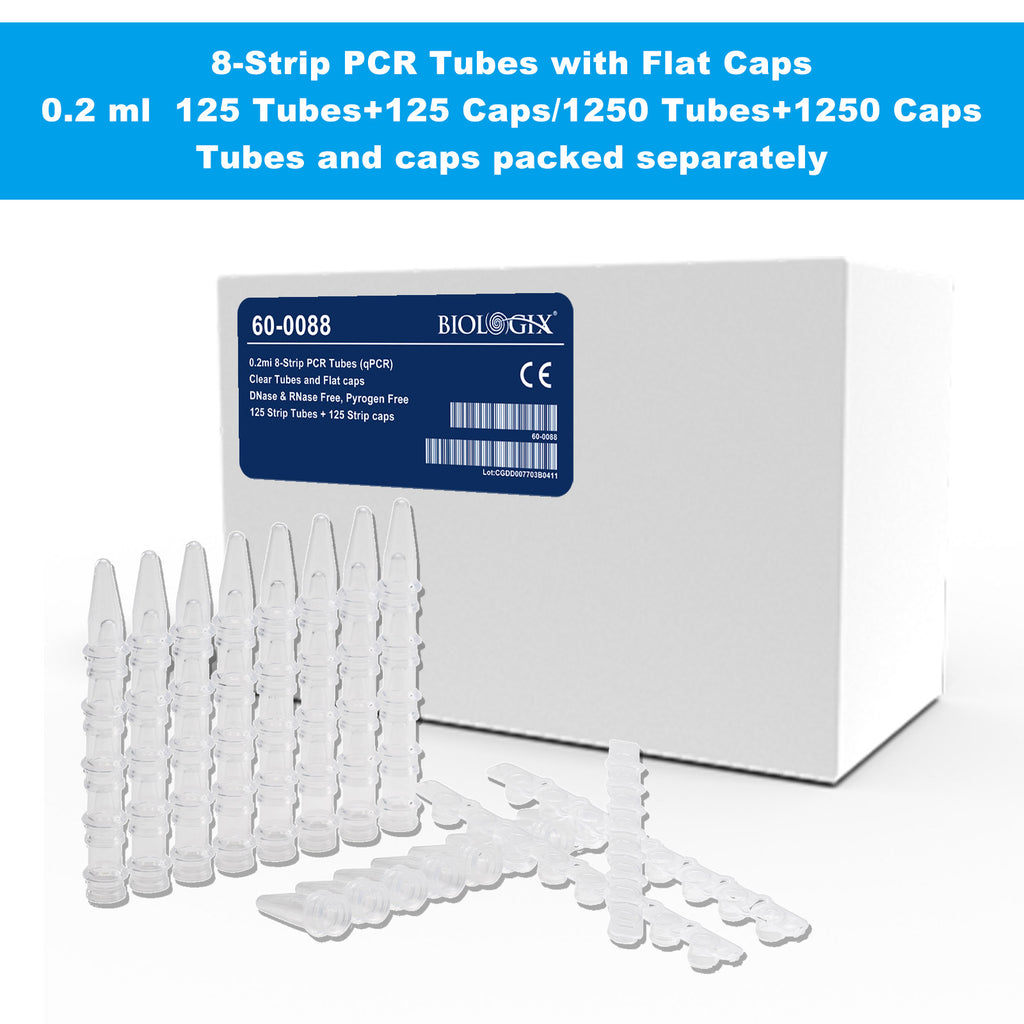 Biologix® 8-Strip PCR Tubes-0.2mL, 125 Tubes+125 Caps/Pack, 10 Packs/Case