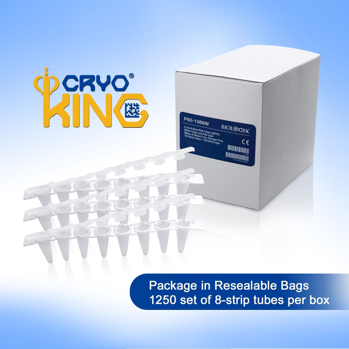 Biologix® 8-Strip PCR Tubes-0.1mL, 125 Strip Tubes+125 Strip Caps/Pack, 10 Packs/Case