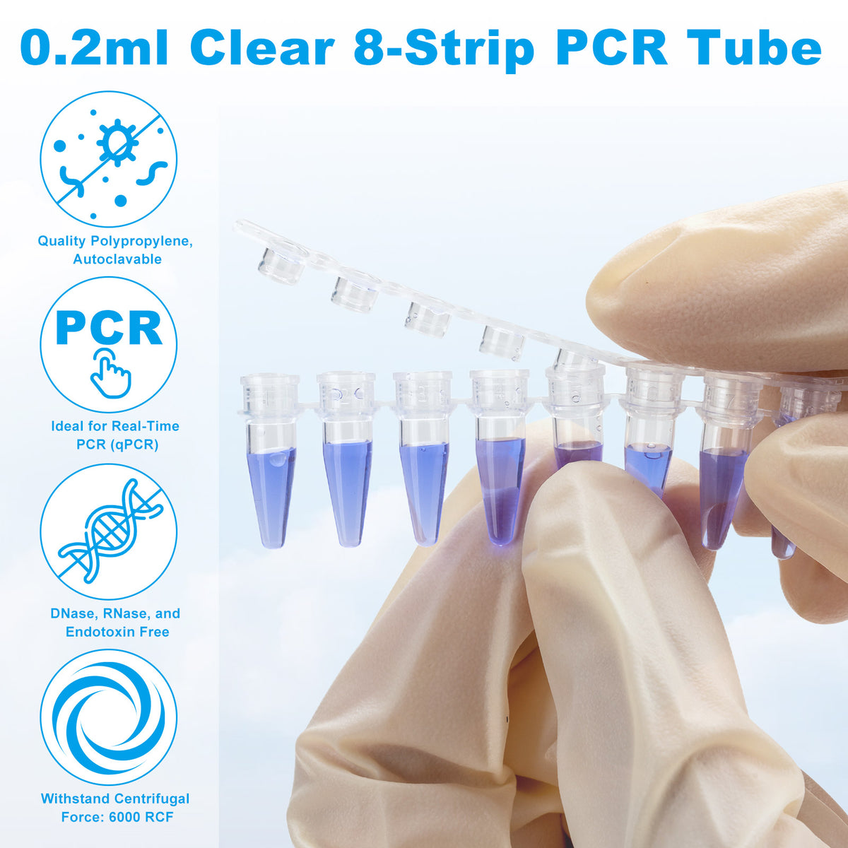 Biologix® 8-Strip PCR Tubes-0.2mL, Individual type with attached cap, Flat-Top, 120/Unit, 10 Units/Case