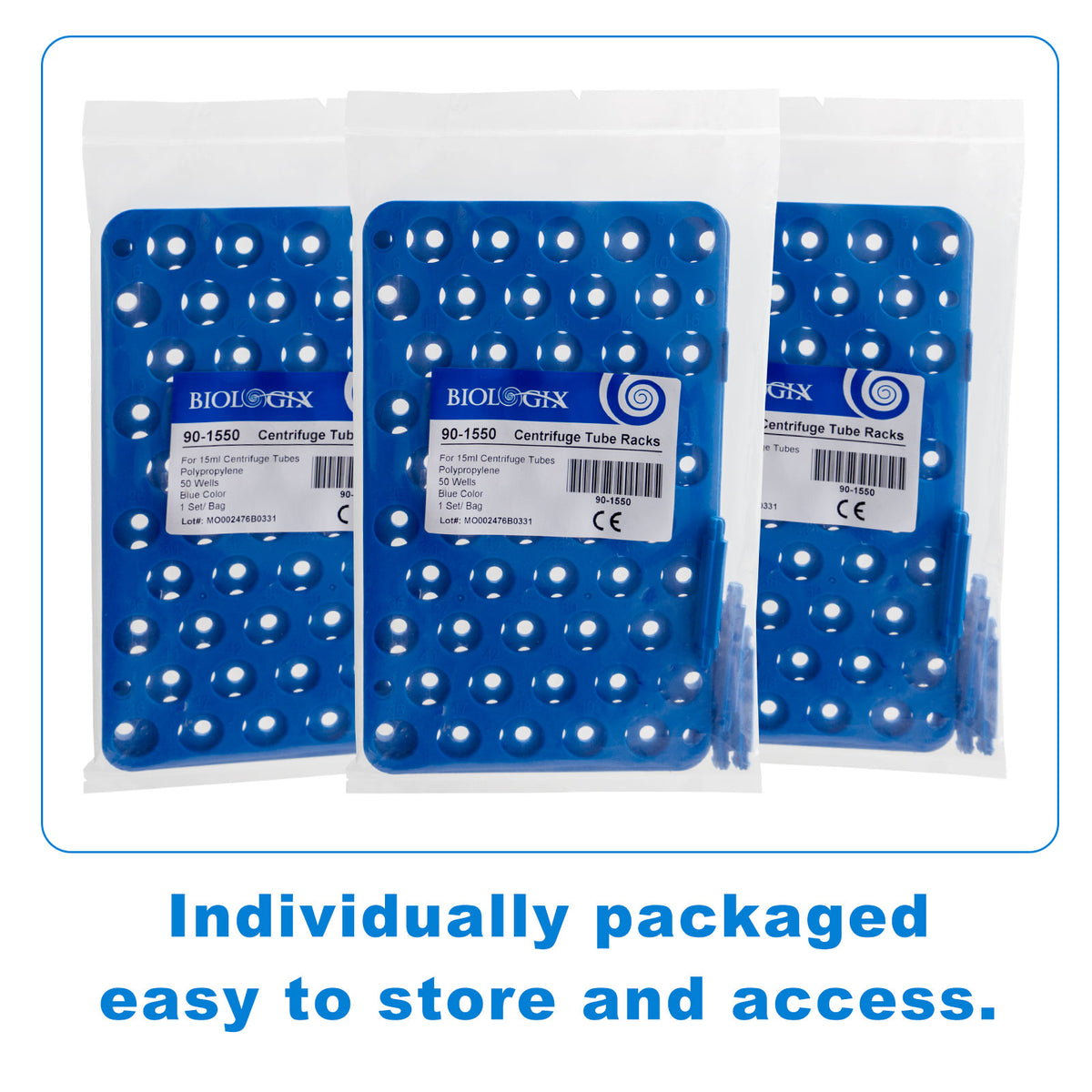 Biologix® Centrifuge Tube Racks, Blue, 25/50-Well, 1 Piece/Bag, 20 Bags/Case