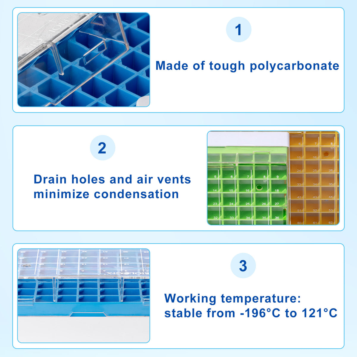 CryoKING® PC Cryogenic Boxes, 2 Inch, 81/100-Well, Assorted Colors, 5/Pack, 20/Case