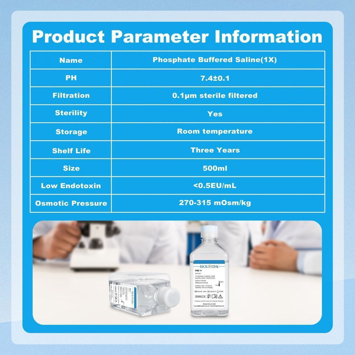 Biologix® PBS Buffer ( 1X ), pH7.4, Sterile, Low Endotoxin, 500mL/Bottle