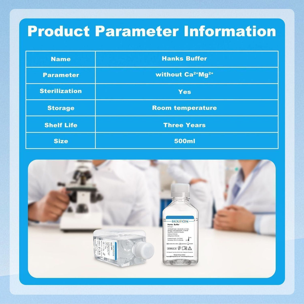 Biologix® Hanks Buffer ( 1X ) (without Ca2+&Mg2+), pH7.1-7.5, Sterile, 500mL/ Bottle, 10 Bottles/Case