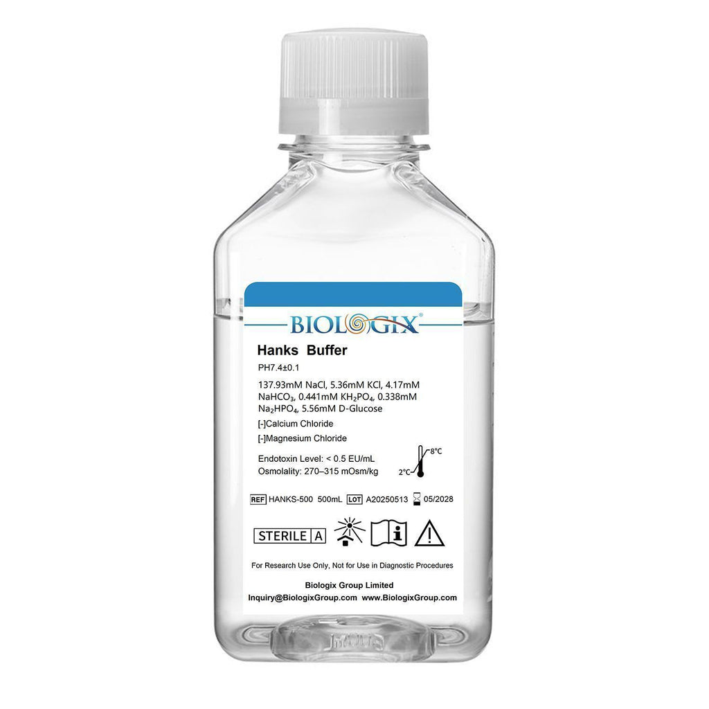 Biologix® Hanks Buffer ( 1X ) (without Ca2+&Mg2+), pH7.1-7.5, Sterile, 500mL/ Bottle, 10 Bottles/Case