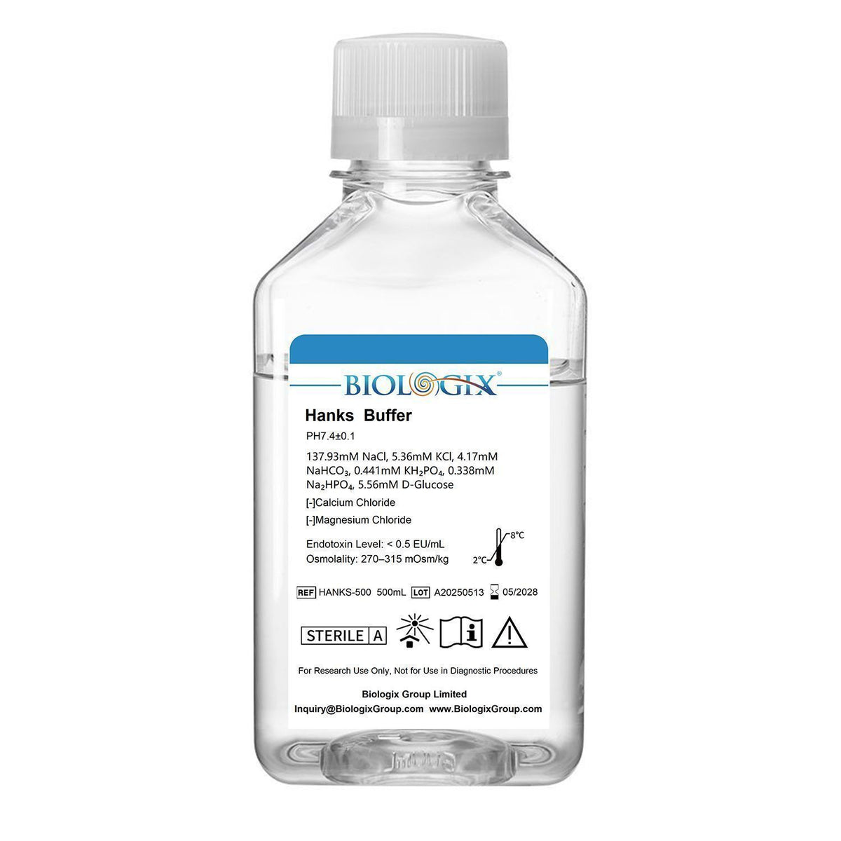 Biologix® Hanks Buffer ( 1X ) (without Ca2+&Mg2+), pH7.1-7.5, Sterile, 500mL/ Bottle, 10 Bottles/Case