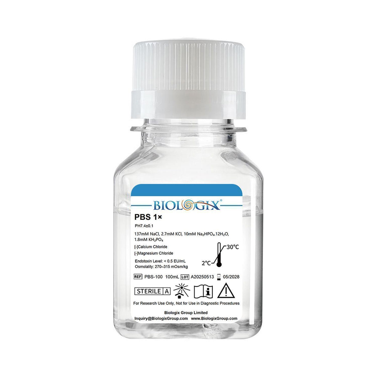 Biologix® PBS Buffer ( 1X ), pH7.4, Low Endotoxin, 100mL/Bottle