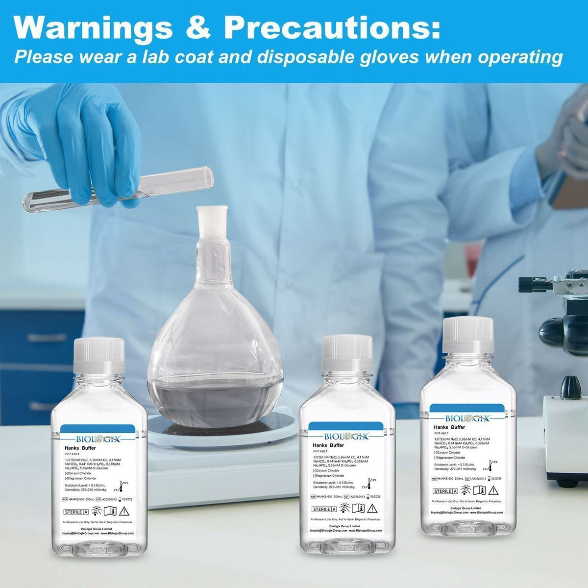 Biologix® Hanks Buffer ( 1X ) (without Ca2+&Mg2+), pH7.1-7.5, Sterile, 500mL/ Bottle, 10 Bottles/Case