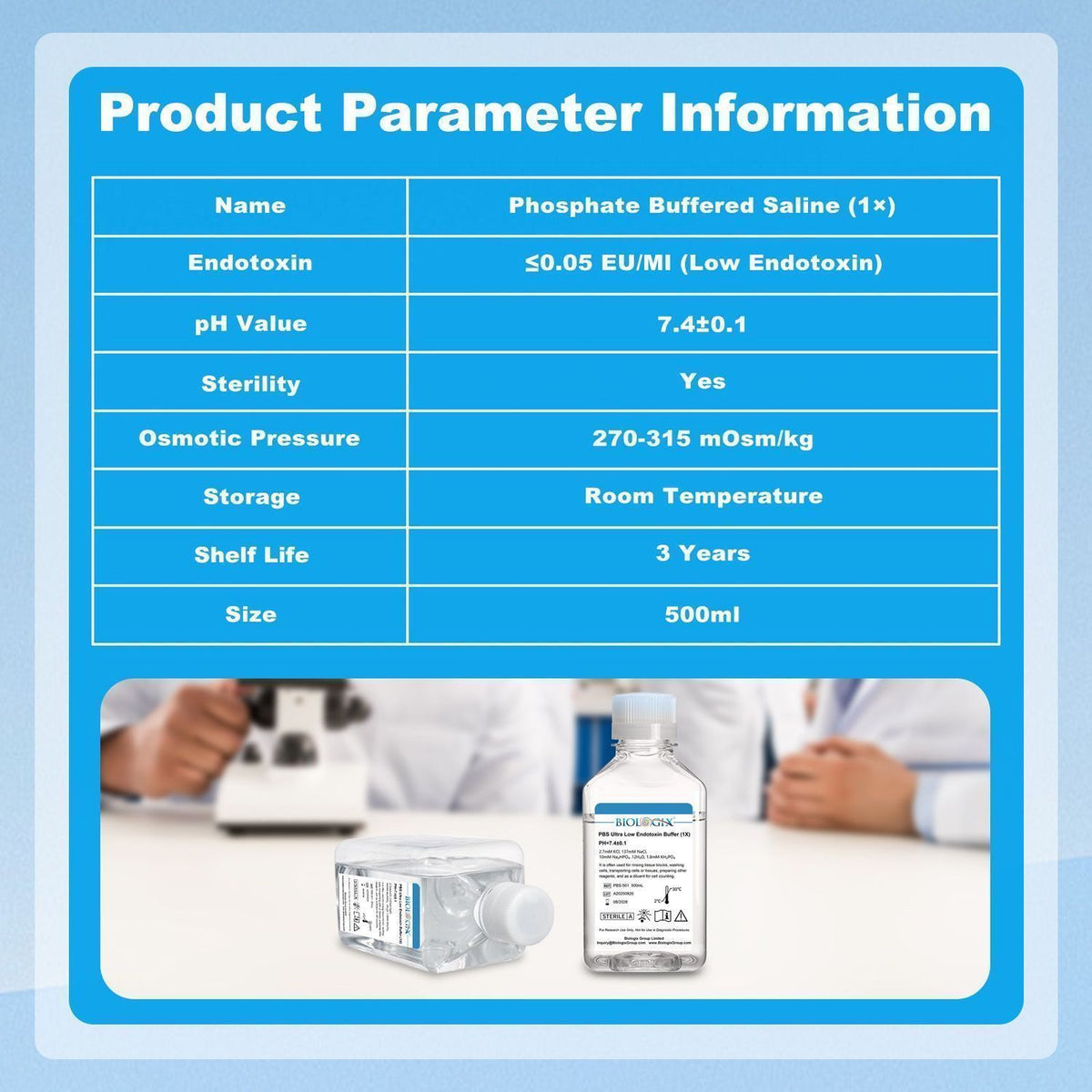 Biologix® PBS Buffer ( 1X ), pH7.4, Sterile, Ultra - low endotoxin, 500mL/Bottle, 10 Bottles/Case