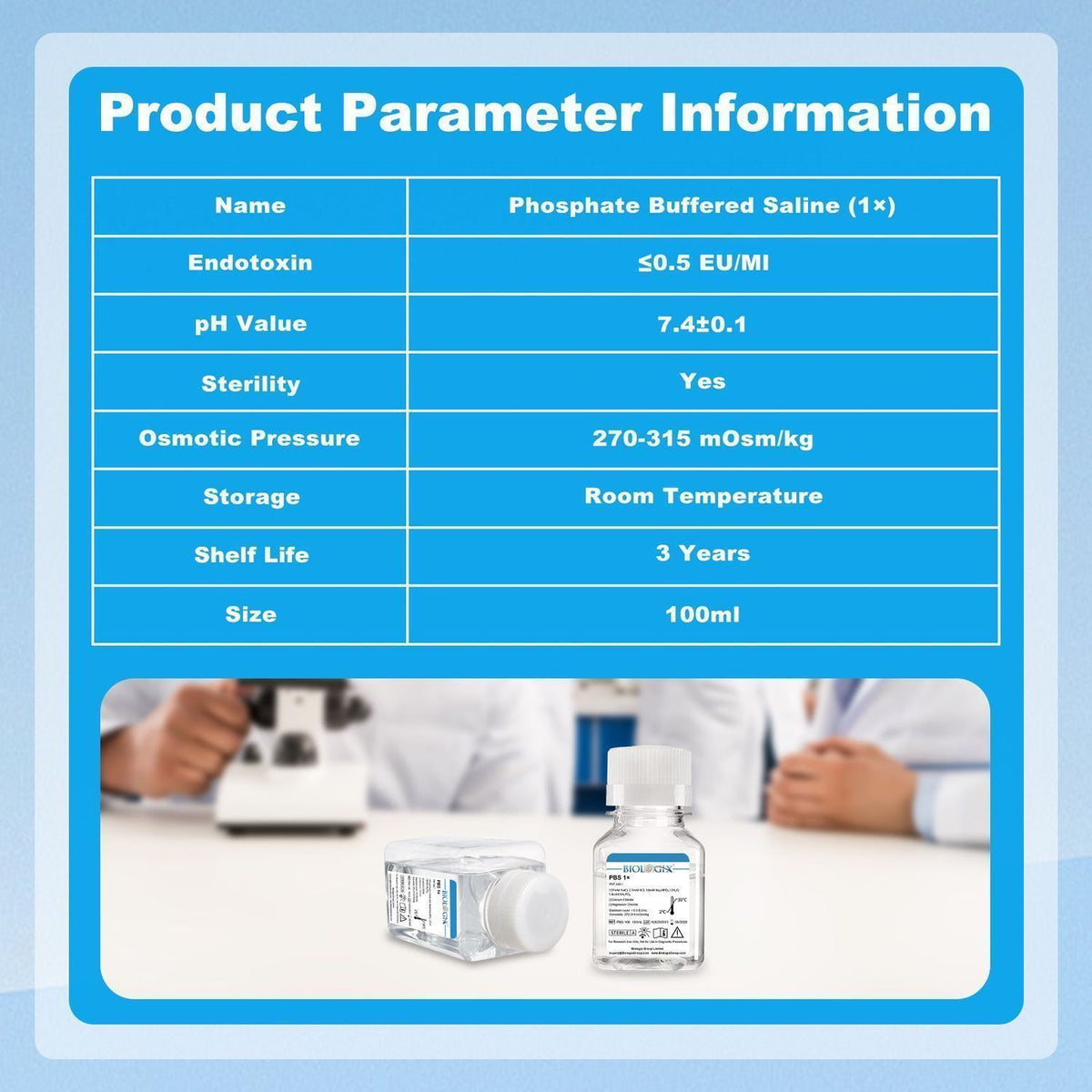 Biologix® PBS Buffer ( 1X ), pH7.4, Low Endotoxin, 100mL/Bottle