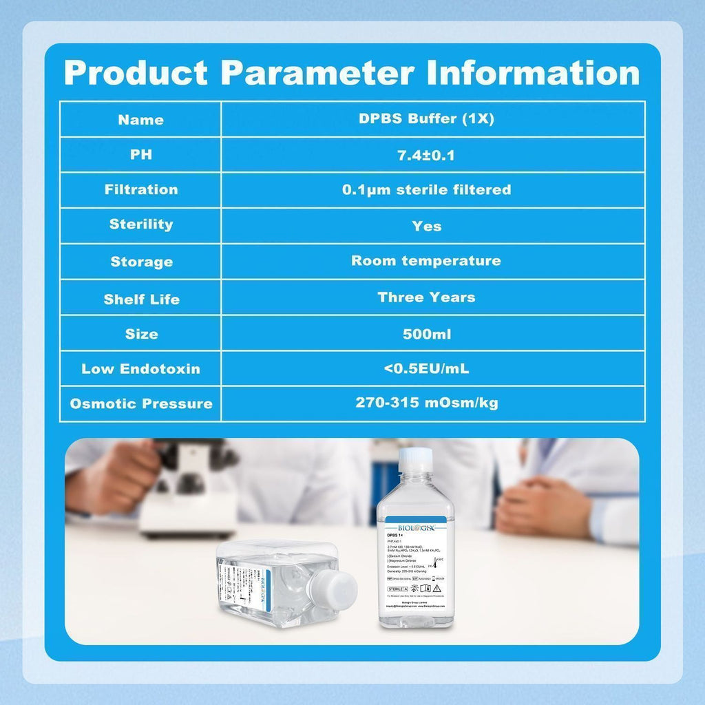 Biologix® DPBS Buffer (without Ca2+&Mg2+) (1×), pH7.4, Sterile, Low Endotoxin, 500mL/ Bottle