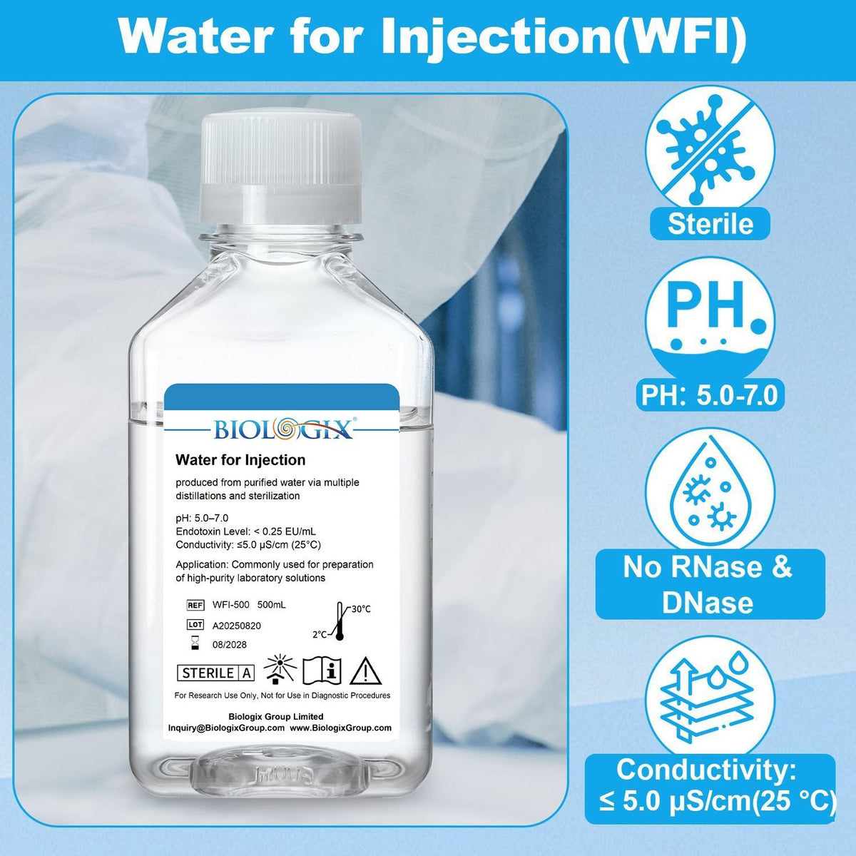Biologix® Water for Cell Culture ( WFI ), Sterile, 500mL/ Bottle, 10 Bottles/Case