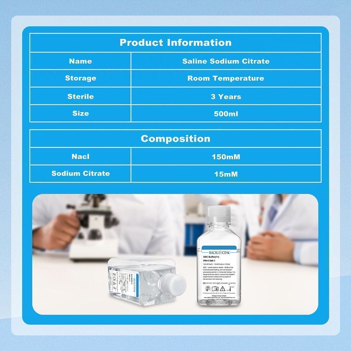 Biologix® SSC (saline sodium citrate) Buffer (1×), pH 6.9-7.1, 500mL/Bottle