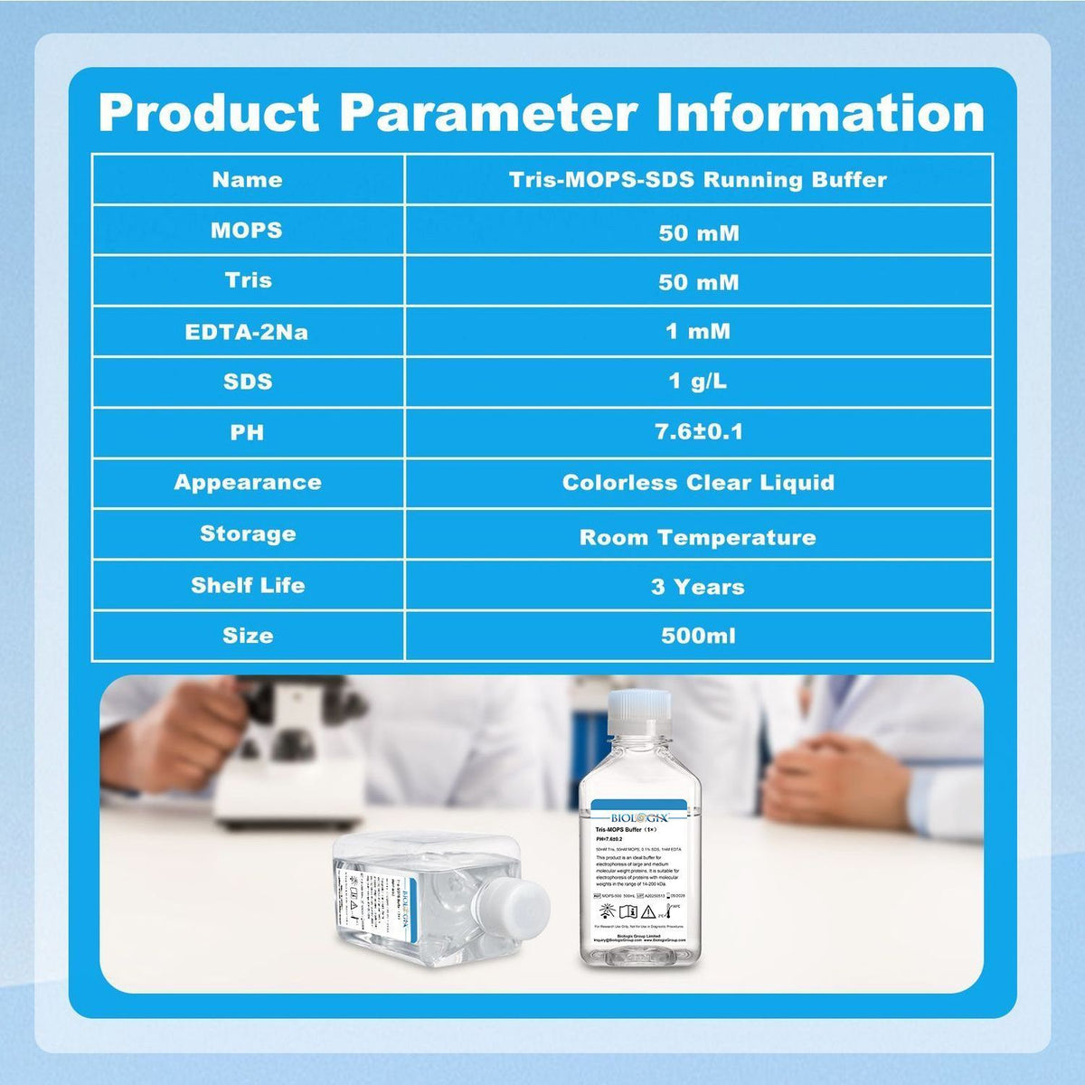 Biologix® TRIS-MOPS Buffer ( 1X ), pH7.4, 500mL/Bottle, 10 Bottles/Case