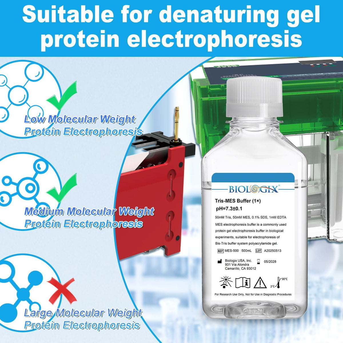 Biologix® TRIS-MES Buffer( 1X ), PH7.3, 500mL/Bottle, 10 Bottles/Case