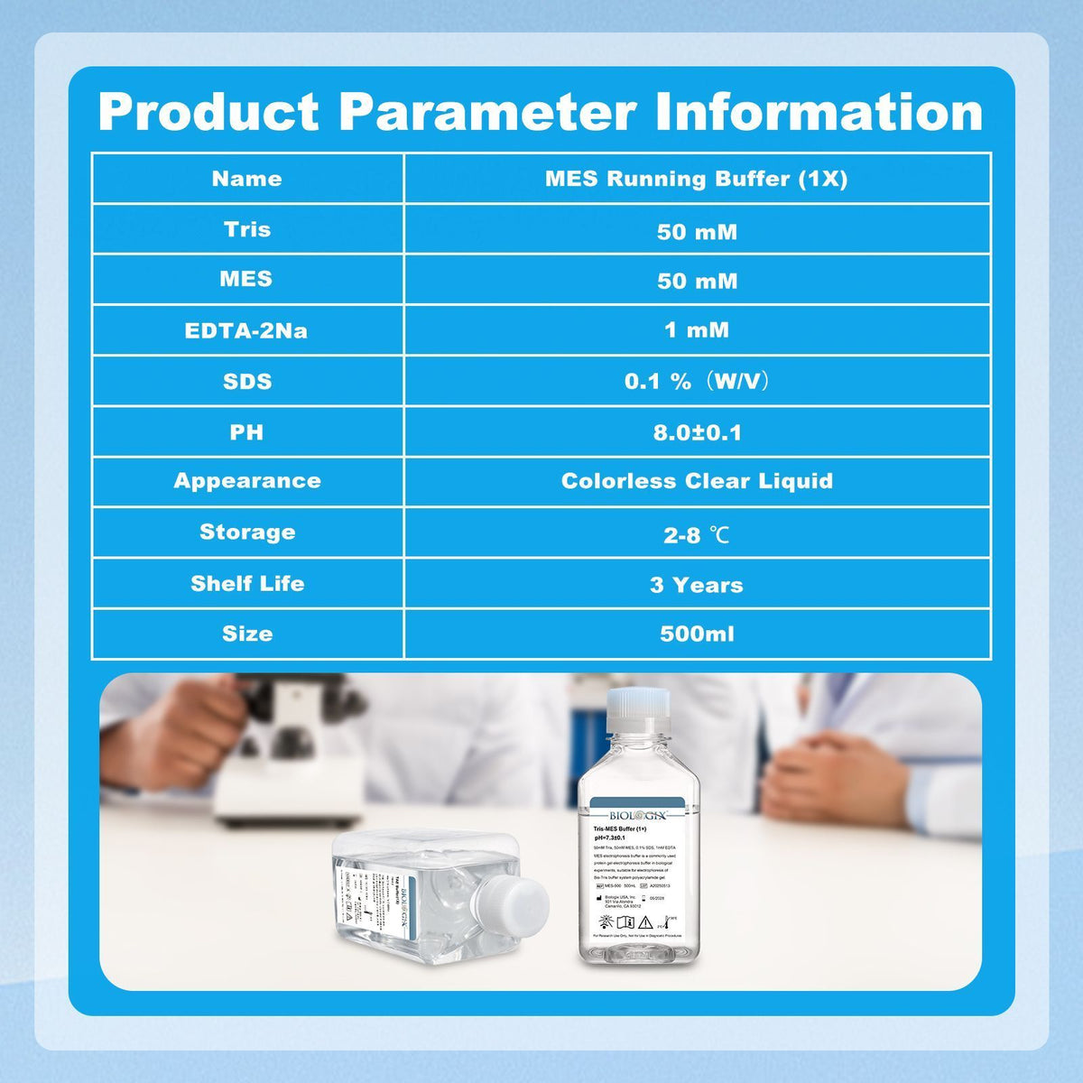 Biologix® TRIS-MES Buffer( 1X ), PH7.3, 500mL/Bottle, 10 Bottles/Case