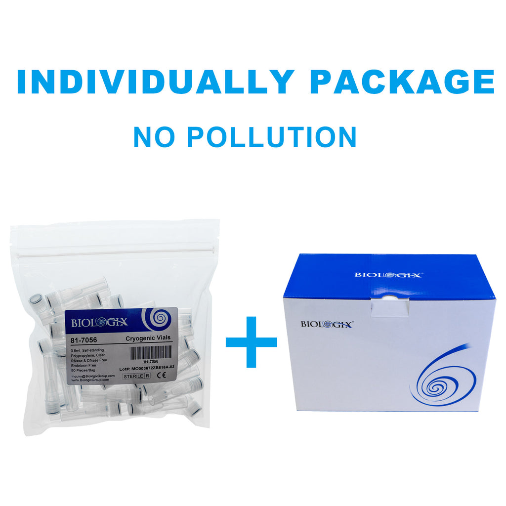 Biologix® Cryogenic Vials-0.5mL with Screw Caps, Self-Standing, 50 Pcs/Bag, 10 Bags/Pack, 4 Packs/Case