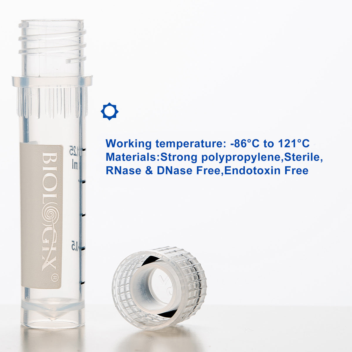 Biologix® Cryogenic Vials, 1.5/2.0 mL Cryovials with Writing Area, 50 Pcs/Bag, 10 Bags/Pack, 4 Packs/Case