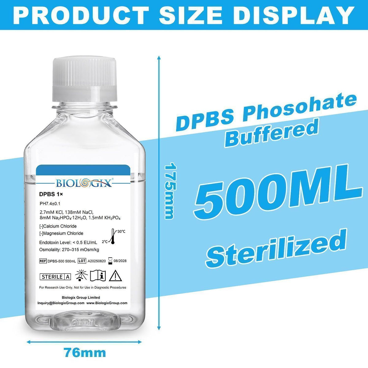 Biologix® DPBS Buffer (without Ca2+&Mg2+) (1×), pH7.4, Sterile, Low Endotoxin, 500mL/ Bottle