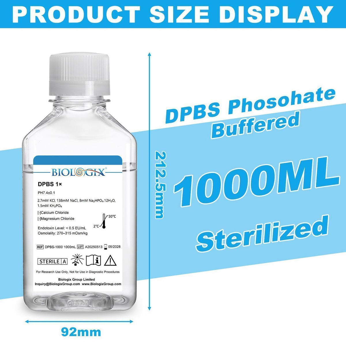 Biologix® DPBS Buffer (without Ca2+&Mg2+) (1×), pH7.4, Sterile, Low Endotoxin, 1000mL/ Bottle, 6 Bottles/Case