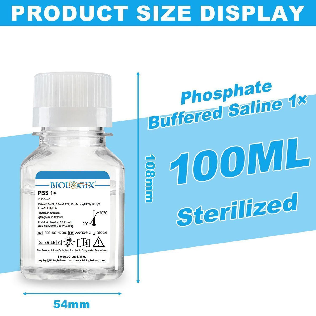 Biologix® PBS Buffer ( 1X ), pH7.4, Low Endotoxin, 100mL/Bottle