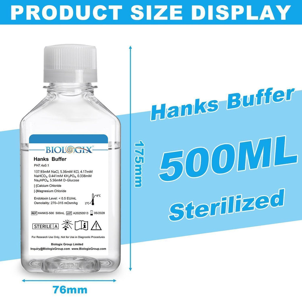 Biologix® Hanks Buffer ( 1X ) (without Ca2+&Mg2+), pH7.1-7.5, Sterile, 500mL/ Bottle, 10 Bottles/Case