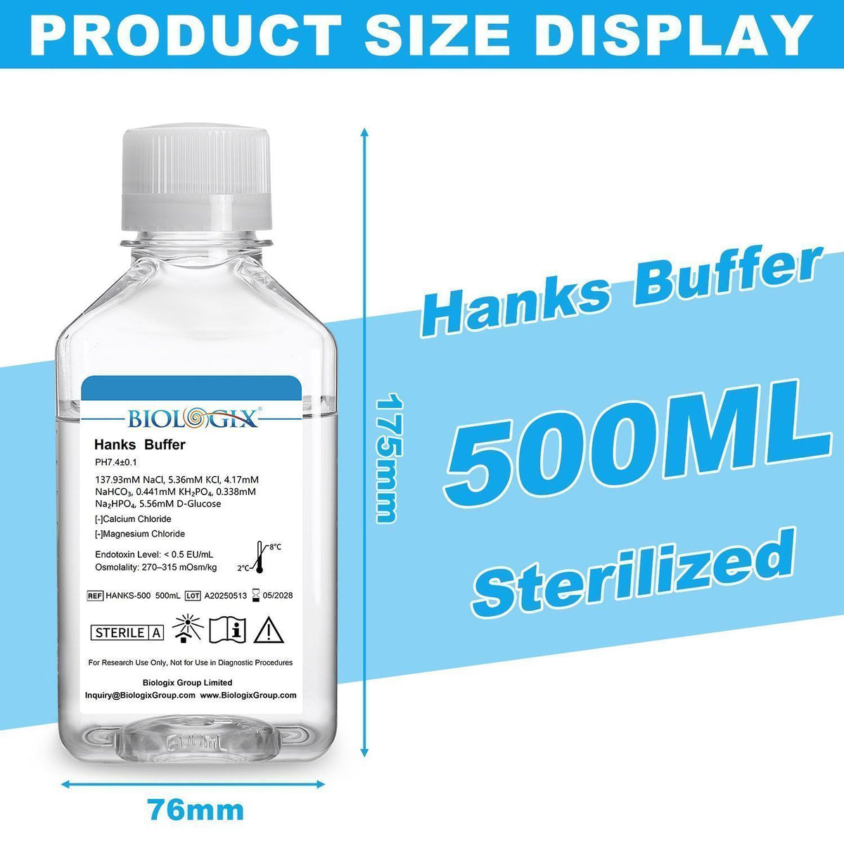 Biologix® Hanks Buffer ( 1X ) (without Ca2+&Mg2+), pH7.1-7.5, Sterile, 500mL/ Bottle, 10 Bottles/Case