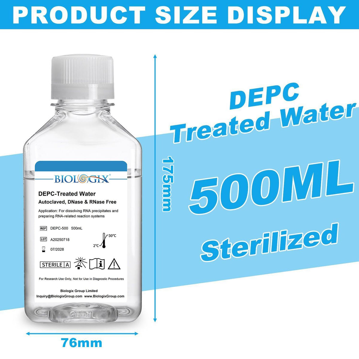 Biologix® DEPC-Treated Water, Sterile, 500mL/ Bottle, 10 Bottles/Case