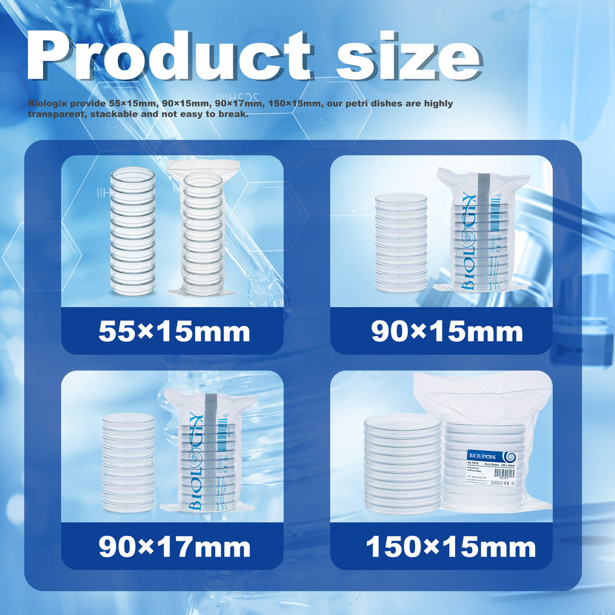 Biologix® Petri Dishes with Lids, Deep Clean, Sterilized, 60x15mm, 10 Pieces/Bag, 50 Bags/Case