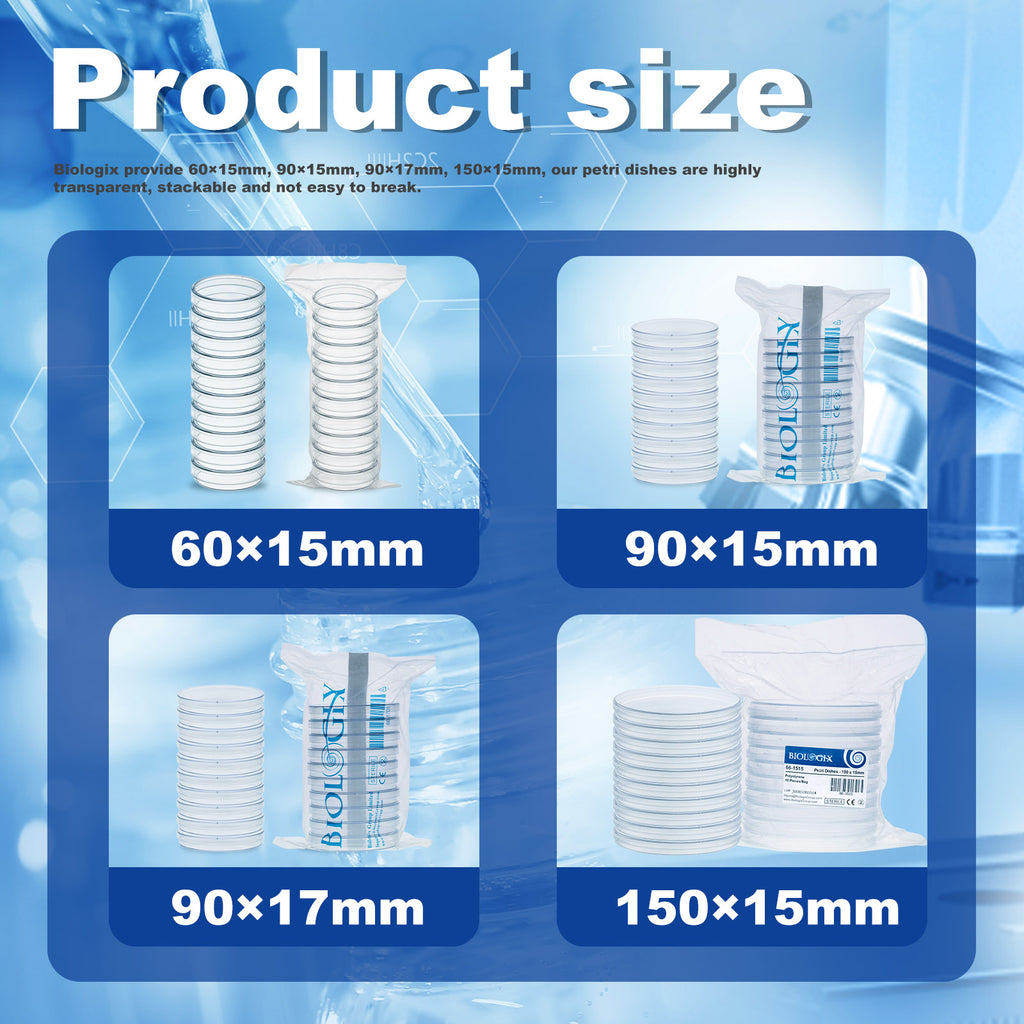 Biologix® Petri Dishes with Lids, Deep Clean, Sterilized, 90x15mm, 10 Pieces/Bag, 50 Bags/Case