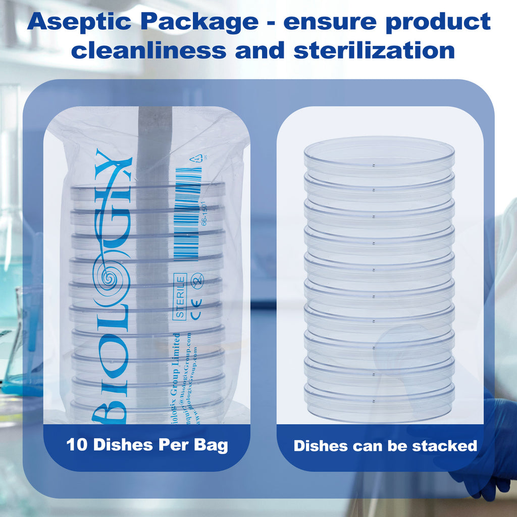 Biologix® Petri Dishes with Lids, Deep Clean, Sterilized, 90x15mm, 10 Pieces/Bag, 50 Bags/Case