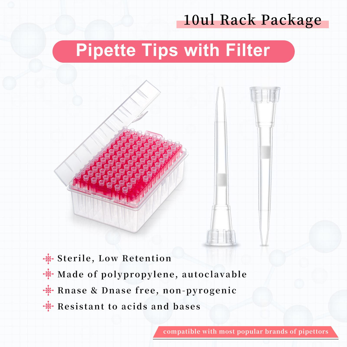 Biologix® Filter Tips -10ul Extra-long, 96 Pieces/Rack, 50 Racks/Case