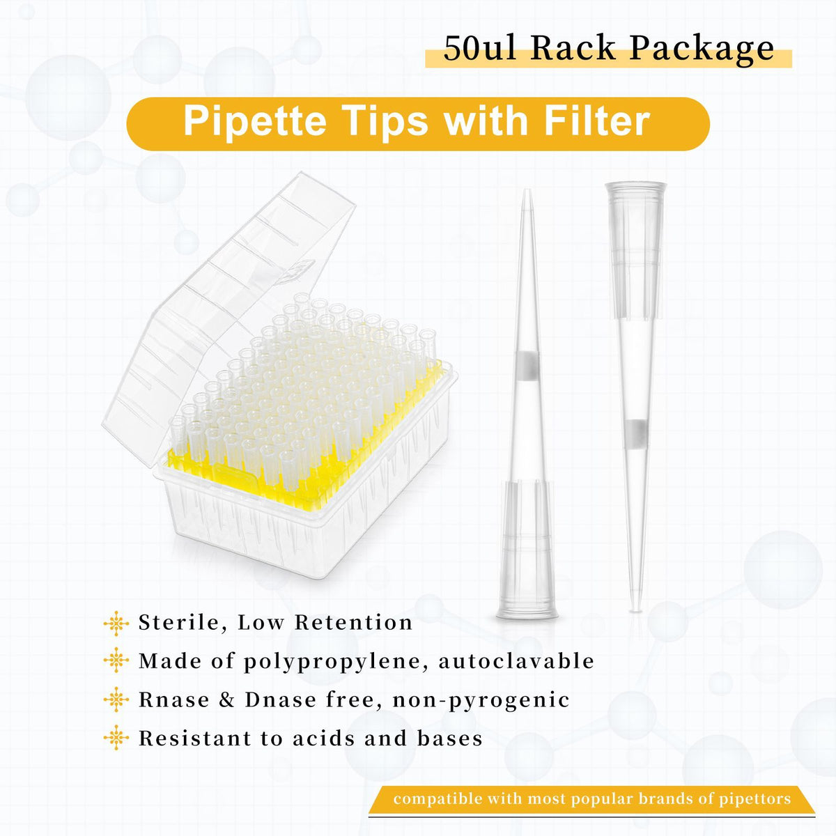 Biologix® Filter Tips -50μl, Length 51mm, 96 Pieces/Rack, 50 Racks/Case