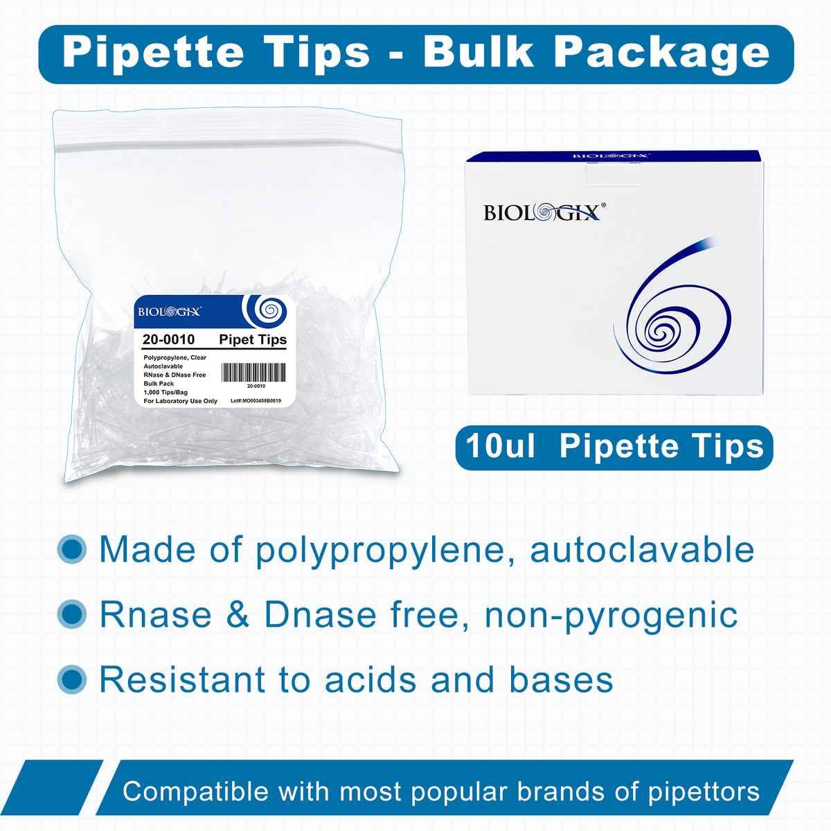 Biologix® Pipet Tips-Bulk, 10μL, Non-Sterile, 1,000 /Bag, 2 Bags /Pack, 5 Packs/Case