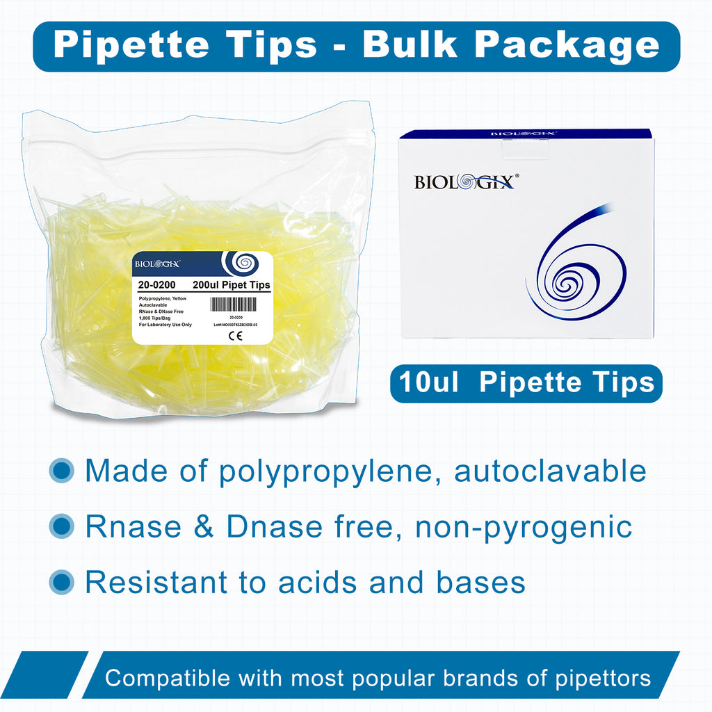 Biologix® Pipet Tips-Bulk, 200 μL, Non-Sterile, 1,000/Bag/Pack, 10 Packs/Case