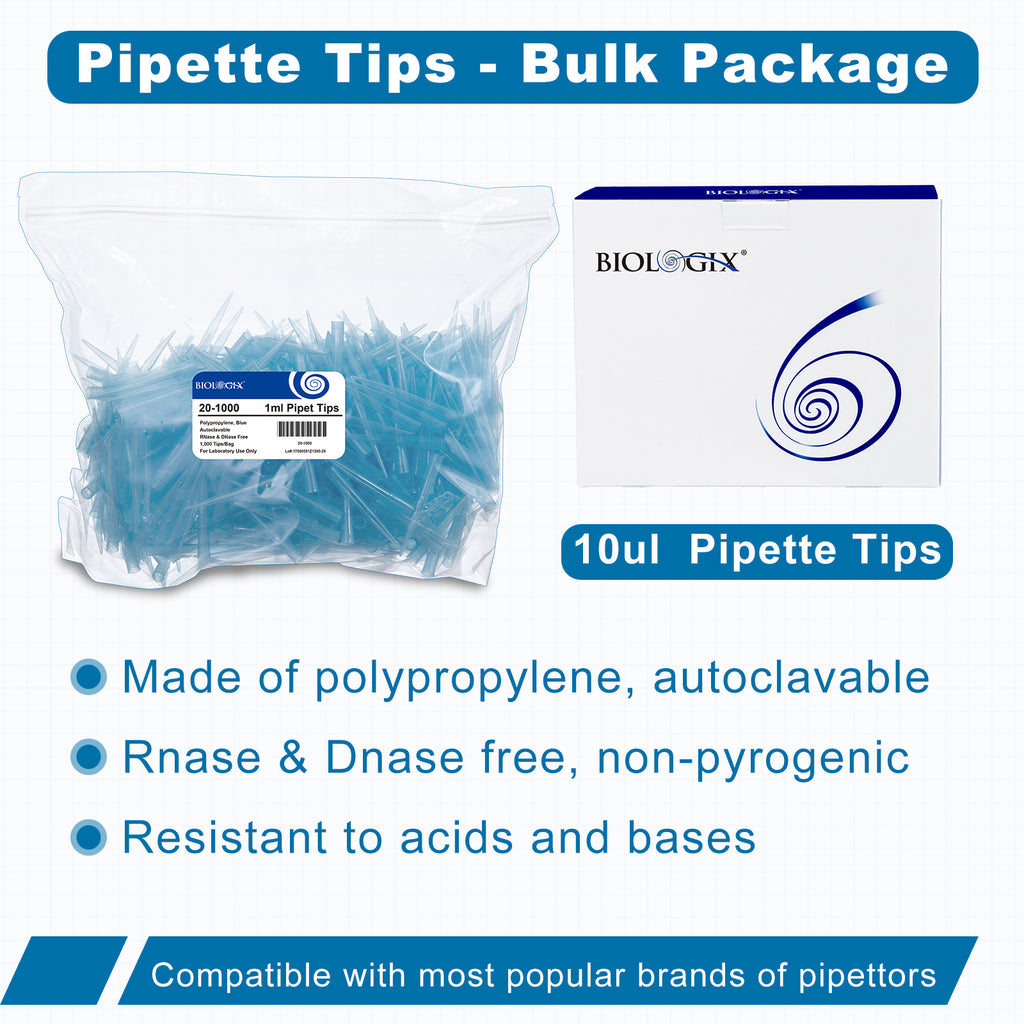 Biologix® Pipet Tips-Bulk, 1000 μL, Non-Sterile, 1,000/Bag/Pack, 10 Packs/Case