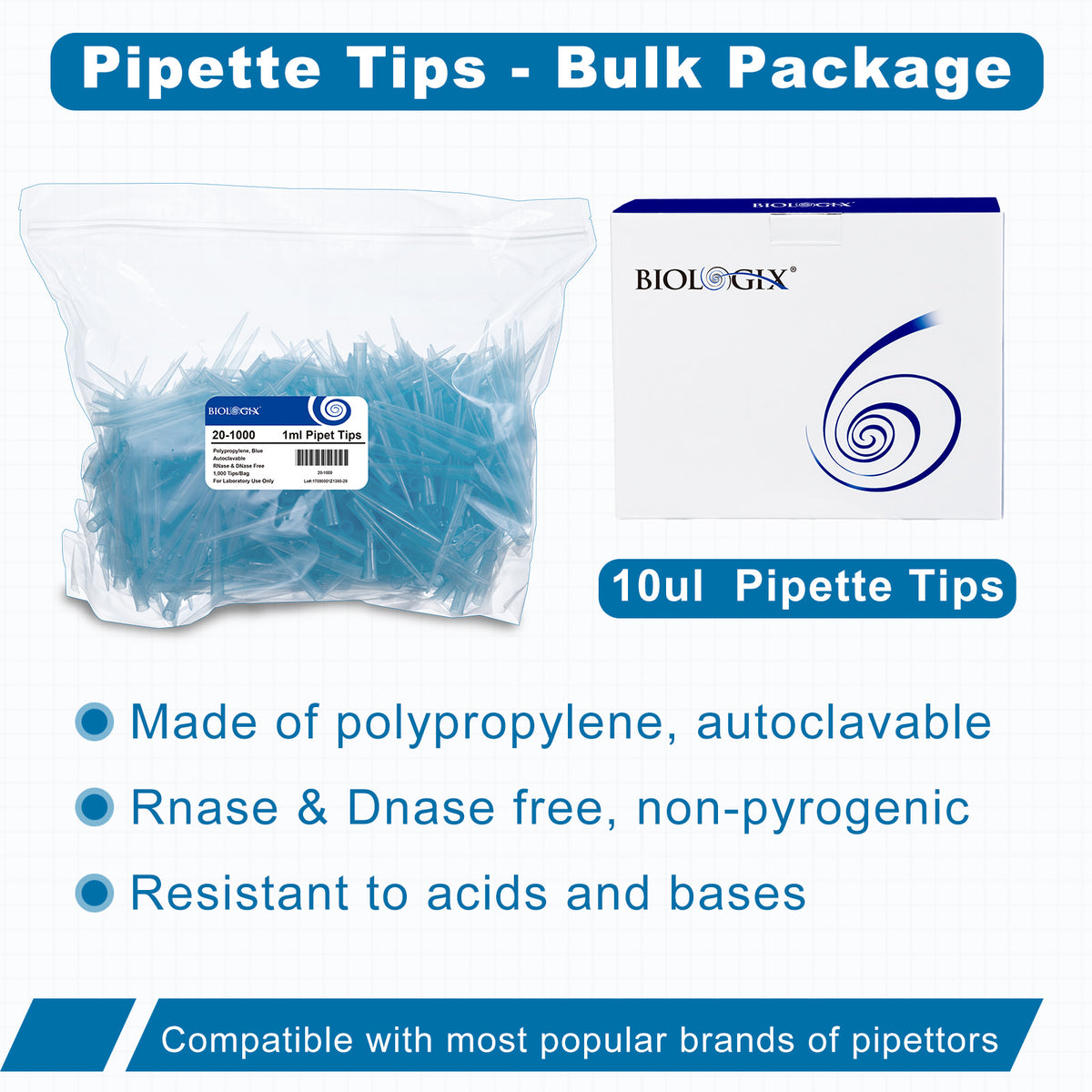 Biologix® Pipet Tips-Bulk, 1000 μL, Non-Sterile, 1,000/Bag/Pack, 10 Packs/Case