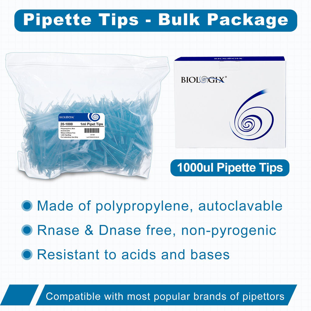 Biologix® Pipet Tips-Bulk, 1000 μL, Non-Sterile, 1,000/Bag/Pack, 10 Packs/Case