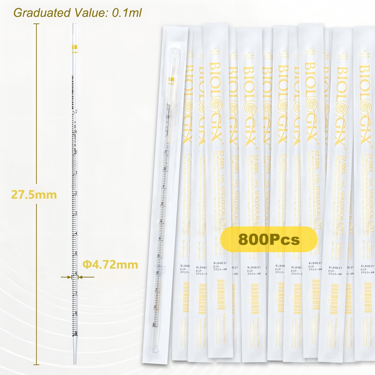 Biologix® Serological Pipettes-1mL, Sterile, Yellow，200 Pcs/Pack, 4 Packs/Case