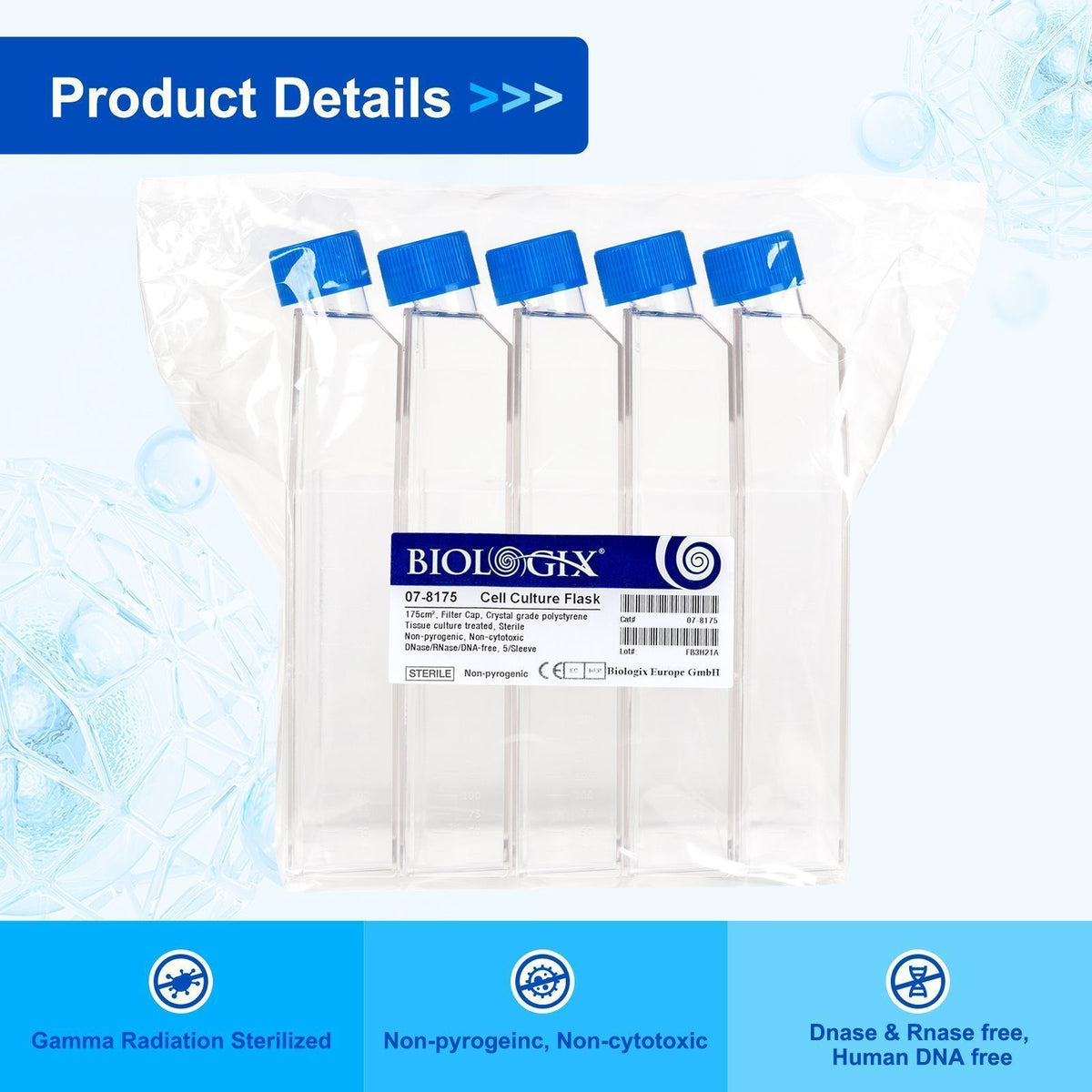 Biologix® Cell Culture Flasks-175cm², Filter Cap, 5 Pcs/Pack, 8 Packs/Case