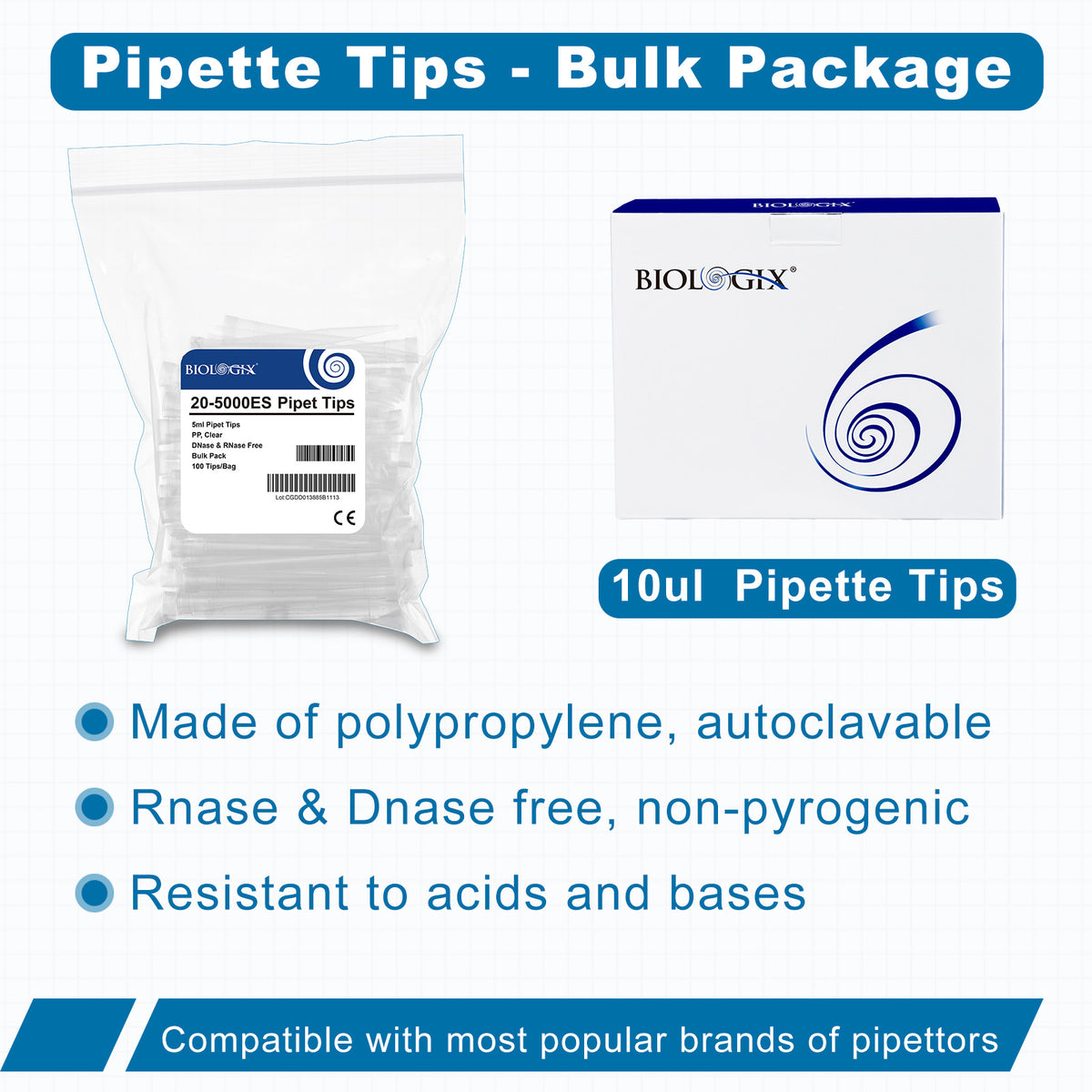 Biologix® 5mL Pipette Tips, 100 /Bag, 20 Bags/Case