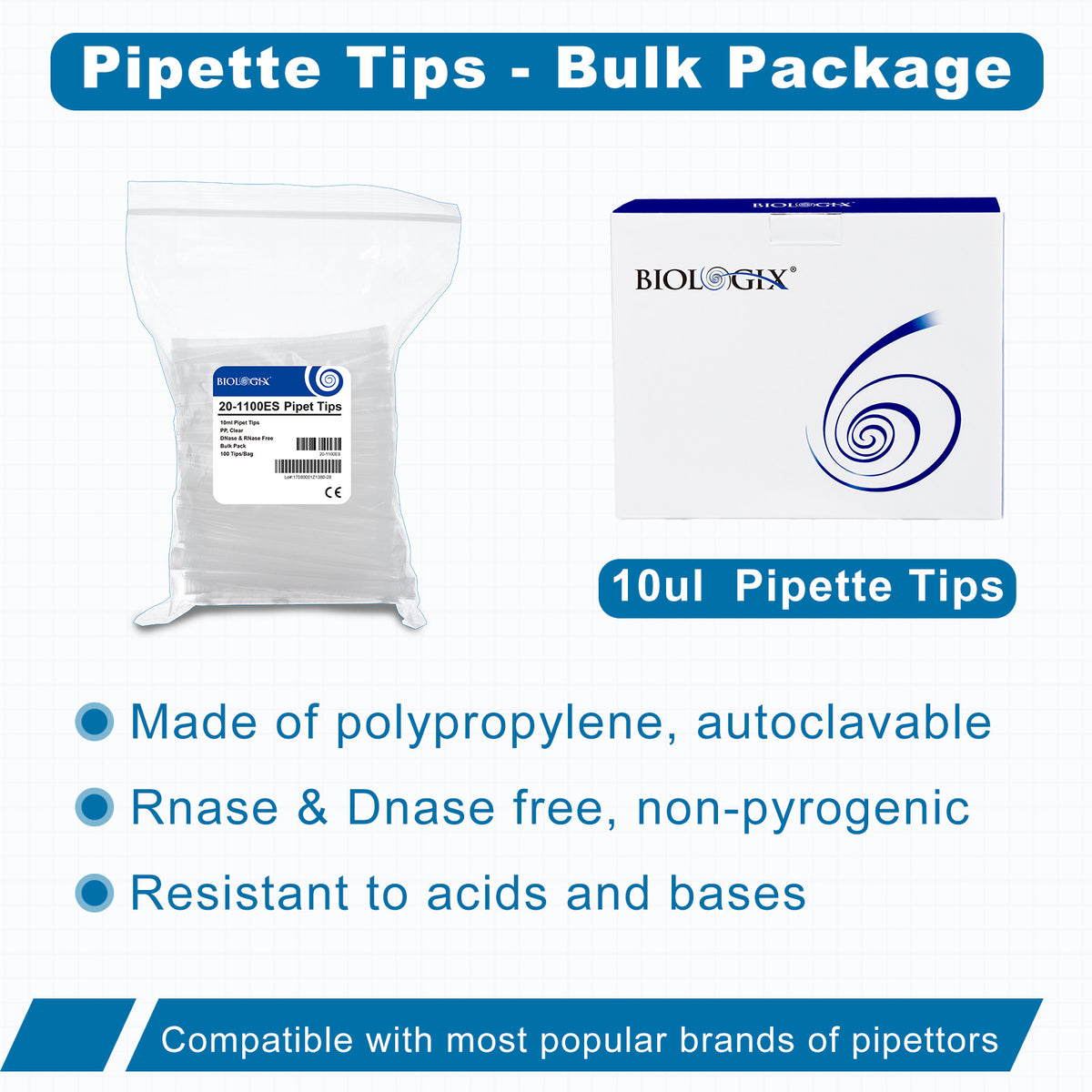 Biologix® 10 mL Pipette Tips, 100 /Bag, 10 Bags/Case
