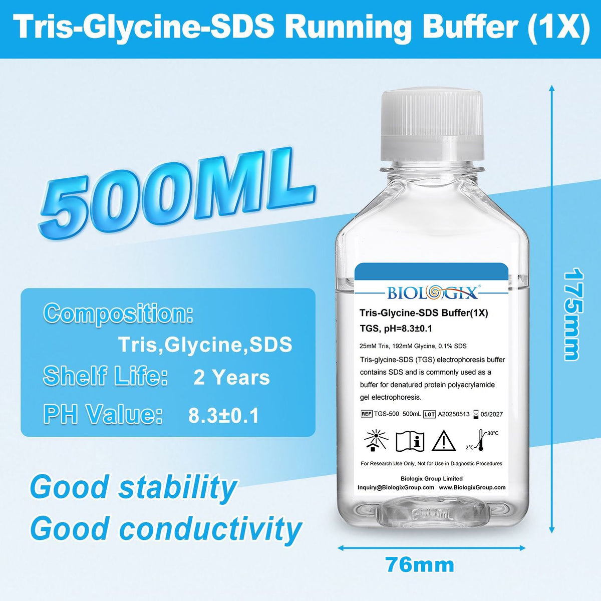 Biologix® TG (Tris-glycine) Electrophoresis Buffer ( 1X ), pH 8.3, 500mL/Bottle,10 Bottles/Case