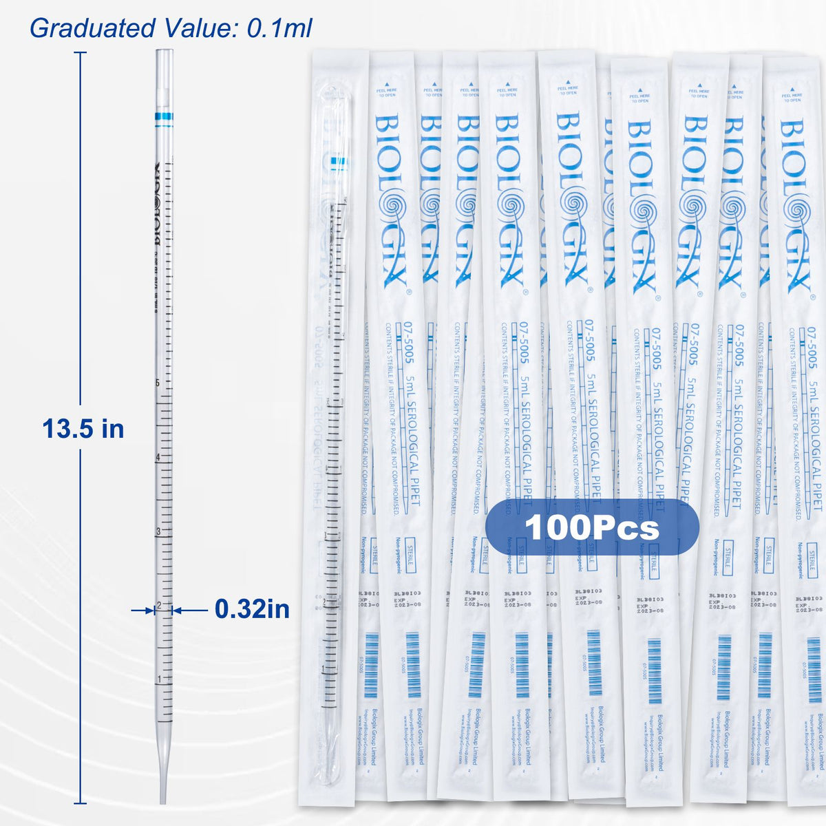 Biologix® Serological Pipette, 5mL, Blue, Sterile, DNase & RNase-free, 100 Pcs/Pack, 4 Packs/Case