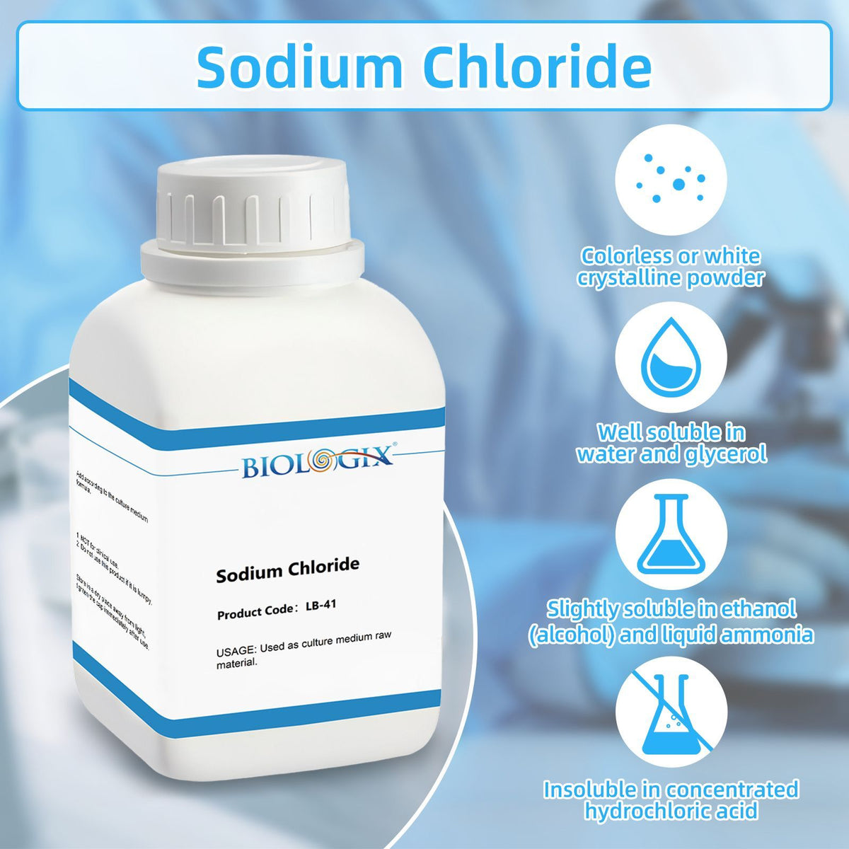 Biologix® Sodium Chloride, Powder, Molecular Biology Grade Nacl, 500g/Bottle