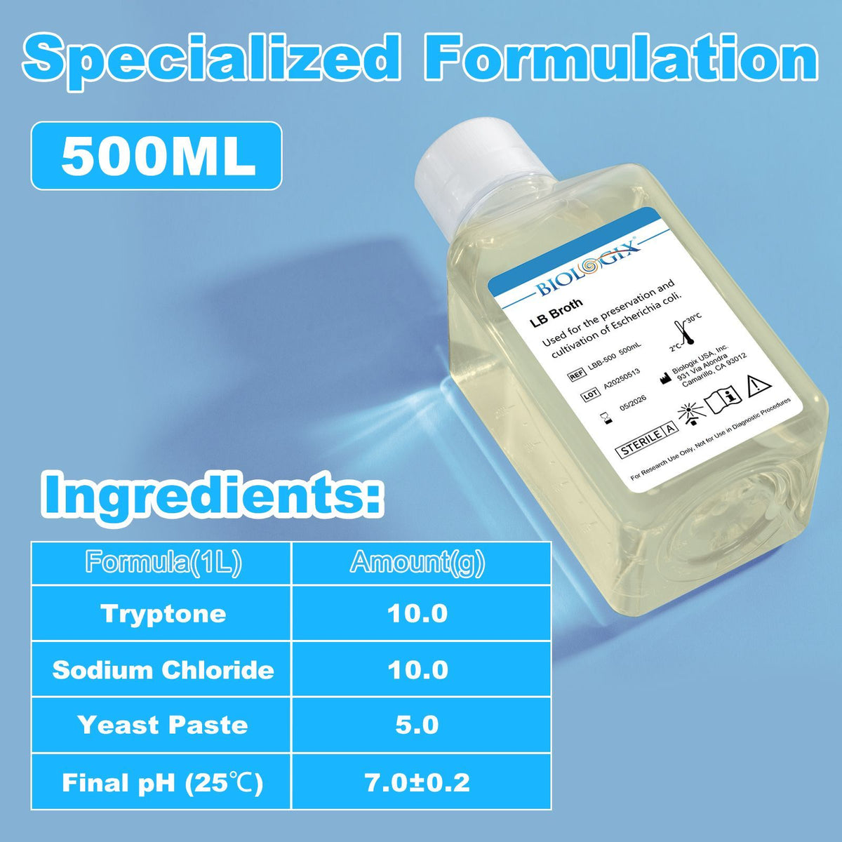 Biologix® LB Broth Medium, Sterile, 500ml/Bottle