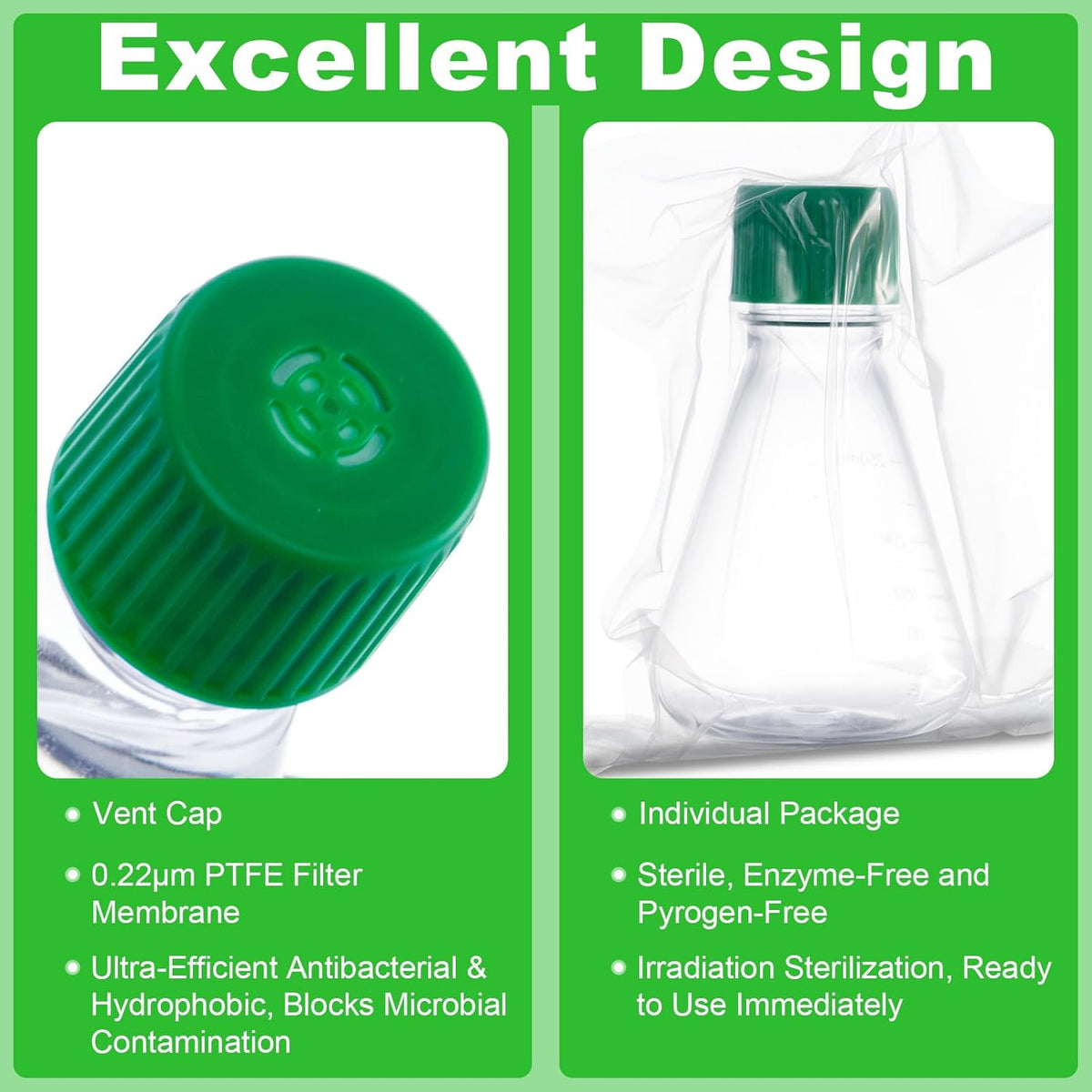 Biologix® 250mL Erlenmeyer Shake Flask, Vent Cap (Green), 1 Pc/Bag, 12 Bags/Case