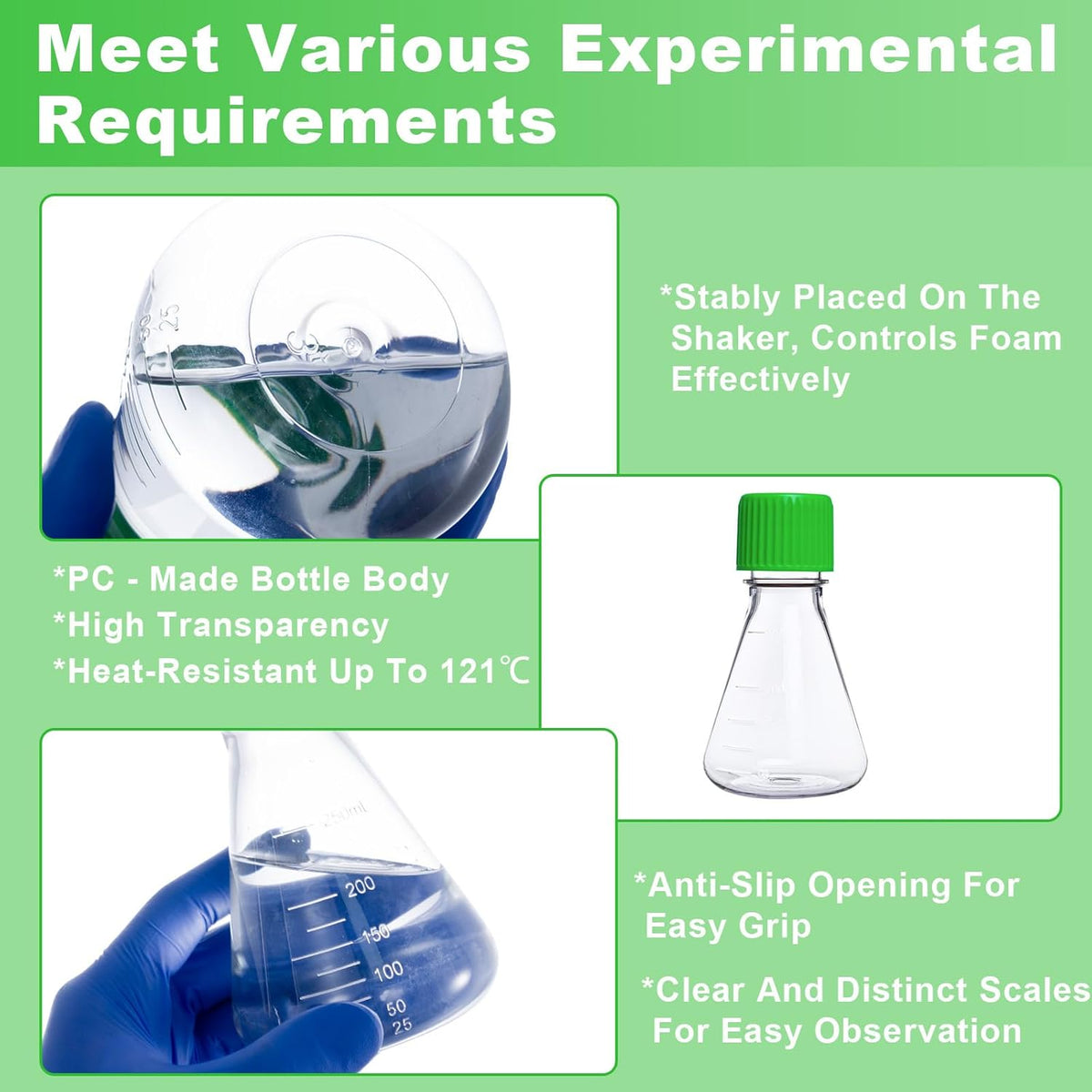 Biologix® 250mL Erlenmeyer Shake Flask, Vent Cap (Green), 1 Pc/Bag, 12 Bags/Case